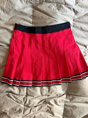 Red Pleated Mini Skirt with Black Waistband